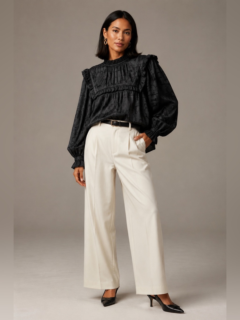 entro Black Jacquard Ruffle-Yoke Puff Sleeve Blouse